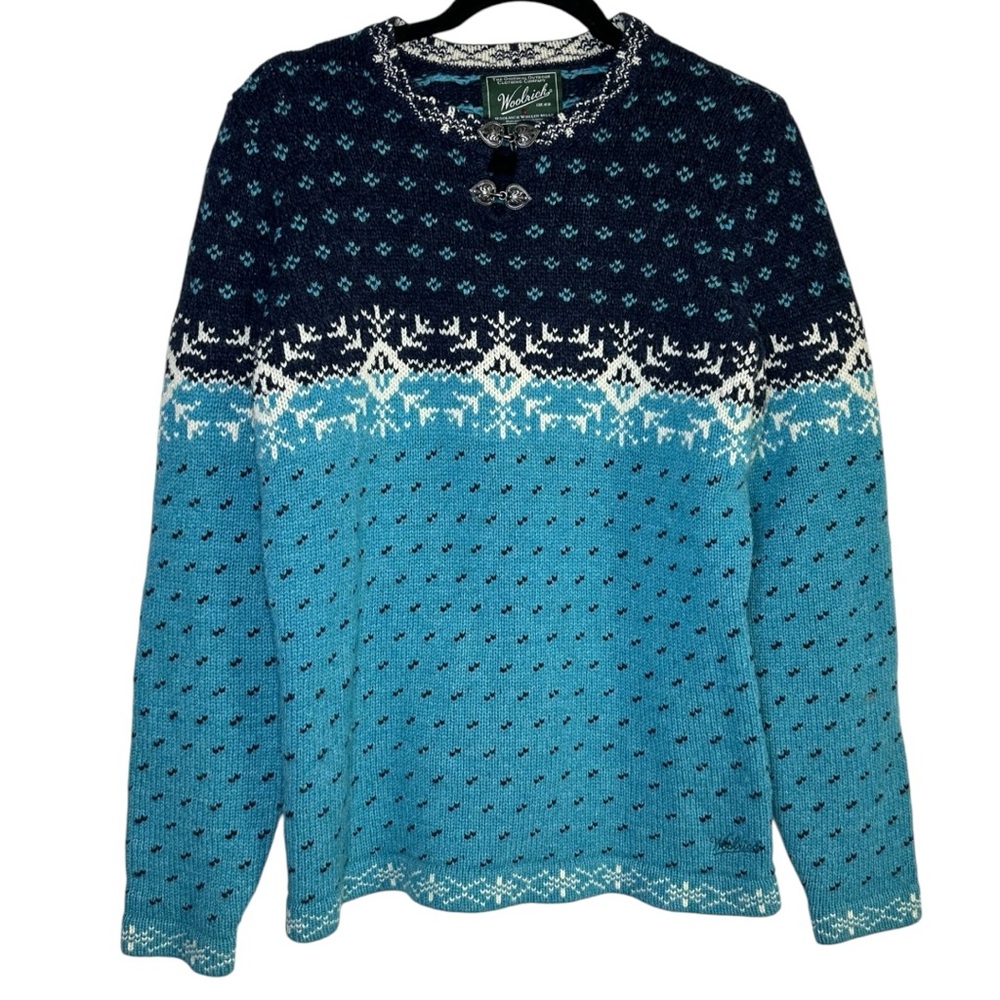 Woolrich Lambswool Blue Snowflakes Pullover Sweater Size Medium Women